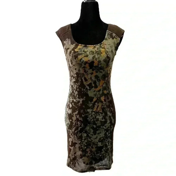 Le Chateau Midi Dress Sleeveless Stretch  Knit Brown Green Print Size XS - Picture 16 of 16